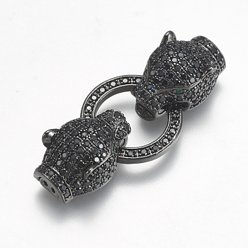 Brass Micro Pave Cubic Zirconia Fold Over Clasps, Leopard, Black, Gunmetal, 35.5mm, Hole: 0.5mm