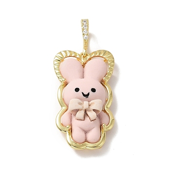 Opaque Resin Pendants, Large Hole Pendant, with Real 18K Gold Plated Brass Findings & Clear Cubic Zirconia, Cadmium Free & Lead Free, Rabbit with Lavender Blush Bowknot, Pink, 34.5x19x8mm, Hole: 4.5x7mm