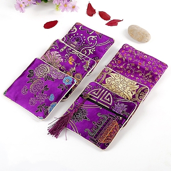 Square Chinese Style Brocade Zipper Bags with Tassel, for Bracelet, Necklace, Random Pattern, Purple, 11.5x11.5cm