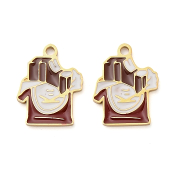 304 Stainless Steel Pendants, with Enamel, Ion Plating(IP), Real 18K Gold Plated, Chocolate, 16.5x13x1.5mm, Hole: 1.6mm
