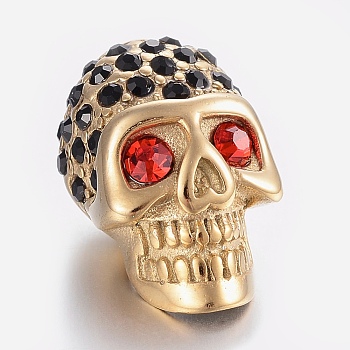 304 Stainless Steel Rhinestone Beads, Large Hole Beads, Skull Head, Ruby, Golden, 21.5x13x13mm, Hole: 6mm