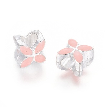 Alloy Enamel European Beads, Large Hole Beads, Flower, Silver Color Plated, Pink, 10x10x8mm, Hole: 5mm