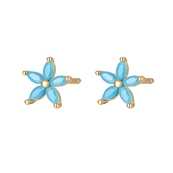 Cubic Zirconia Flower Stud Earrings, Golden 925 Sterling Silver Post Earrings, Cyan, 7.2mm