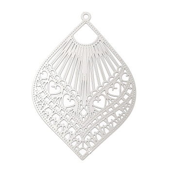 304 Stainless Steel Filigree Big Pendants, Etched Metal Embellishments, Teardrop Charm, Stainless Steel Color, 59.5x40x0.2mm, Hole: 1.8mm