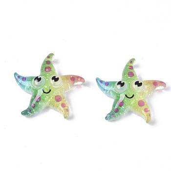 Resin Cabochons, with Glitter Powder, Starfish, Colorful, 21x21.5x6.5mm