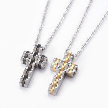 304 Stainless Steel Pendant Necklaces, with Lobster Claw Clasps, Cross, Mixed Color, 17.6 inch~18.3 inch(44.9~46.5cm), Pendant: 25x14x4.5mm