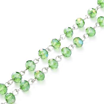 Handmade Electroplate Glass Beaded Chains, with Platinum Plated Iron Eye Pin, Unwelded, Lime Green, 39.37 inch(100cm), Beads: 8x6mm