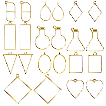 22Pcs 11 Styles Rack Plating Alloy Open Back Bezel Pendants, For DIY UV Resin, Epoxy Resin, Pressed Flower Jewelry, Cadmium Free & Nickel Free & Lead Free, Mixed Shapes, Golden, 22~49x18.5~44x3.5~3.8mm, Hole: 2.8~4mm, 2pcs/style