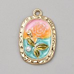 Golden Tone Alloy Enamel Pendants, Oval with Flower, Pink, 26.5x17.5x5.5mm, Hole: 1.8mm(FIND-SZC0020-02D)
