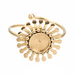 304 Stainless Steel Open Cuff Finger Ring Cabochon Settings, Flower, Golden, US Size 9(18.9mm), Tray: 6mm(X-STAS-T060-14G)