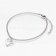 304 Stainless Steel Anklets, with Heart Charm and Rolo Chains, Stainless Steel Color, 232x2mm(AJEW-AN00199)