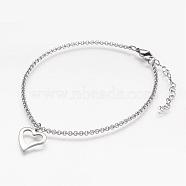 Tarnish Resistant 304 Stainless Steel Anklets, with Heart Charm and Rolo Chains, Stainless Steel Color, 232x2mm(AJEW-AN00199)