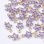 Transparent Glass Links connectors, with Brass Findings, Faceted, Flower, Light Gold, Medium Purple, 12.5x8x4mm, Hole: 1.4mm(X-GLAA-T007-19B)