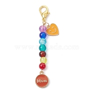 Mother's Day Flat Round with Word Mom & Heart Alloy Enamel Pendant Decorations, Glass Beads and Lobster Claw Clasps Charm, Dark Salmon, 76mm(HJEW-JM01510-03)