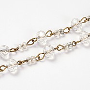 Glass Rondelle Beads Chains for Necklaces Bracelets Making, with Glass Seed Beads and Antique Bronze Iron Eye Pin, Unwelded, Clear, 39.3 inch(AJEW-JB00116-02)