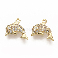 Brass Micro Pave Clear Cubic Zirconia Charms, Nickel Free, Real 18K Gold Plated, Dolphin, 9x10x2.5mm, Hole: 0.9mm(ZIRC-T011-08G-NF)