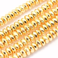 Electroplate Non-magnetic Synthetic Hematite Beads Strands, Grade AA, Long-Lasting Plated, Faceted, Rondelle, Golden Plated, 6x3mm, Hole: 1mm, about 142pcs/strand, 15.7 inch(40cm)(G-L485-06D-G)