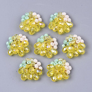 Handmade Woven Glass Cabochons, with Faceted Glass Beads and Light Gold Plated Brass Perforated Disc Settings, Flower, Yellow, 23~25x23~25x8~10mm(FIND-N050-10D)