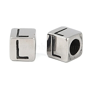 304 Stainless Steel Large Hole Letter European Beads, Cube with Letter.L, Antique Silver, 8x8x8mm, Hole: 5mm(STAS-H428-01AS-L)