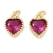 Real 18K Gold Plated Brass Inlaid Cubic Zirconia Charms, with Jump Ring, Long-Lasting Plated, Heart, Deep Pink, 8.5x7x4mm, Jump Ring: 4x0.5mm, 2.5mm Inner Diameter(ZIRC-L100-074G-06)