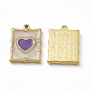 Vacuum Plating 201 Stainless Steel Pendant, with Enamel, Real 18K Gold Plated, Rectangle with Heart Charm, Dark Orchid, 20.5x15x2.7mm, Hole: 1.4mm(STAS-J401-VC1032)