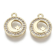 Brass Micro Pave Clear Cubic Zirconia Charms, Nickel Free, Flat Round with Moon & Star, Real 18K Gold Plated, 14x11.5x2mm, Hole: 1.4mm(KK-S348-540-NF)