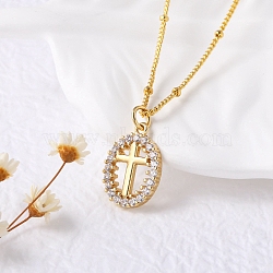 Brass Clear Cubic Zirconia Pendant Necklaces for Women, Real 18K Gold Plated, Cross, 17.56 inch(44.6cm),exdenter: 51mm(NJEW-D305-03G-01)