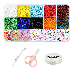 DIY Jewelry Making Kits, Including Transparent & Opaque Colours Glass Seed Beads, Acrylic Beads, Elastic Crystal Thread, Tweezers, Scissors, Mixed Color, Beads: 2.5~7x2~4mm, Hole: 1~2mm, 2800pcs/set(DIY-YW0003-31)