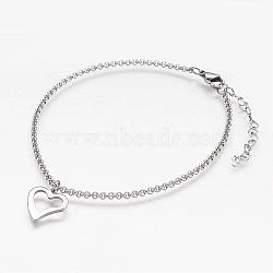 Tarnish Resistant 304 Stainless Steel Anklets, with Heart Charm and Rolo Chains, Stainless Steel Color, 232x2mm(AJEW-AN00199)