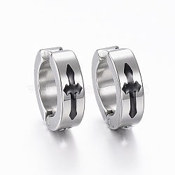 304 Stainless Steel Clip-on Earrings, with Enamel and Cross, Stainless Steel Color, 13x4mm(EJEW-H351-10P)