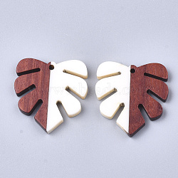 Resin & Walnut Wood Pendants, Tropical Leaf Charms, Monstera Leaf Pendant, Creamy White, 30x28x3.5mm, Hole: 2mm(RESI-S358-24H)