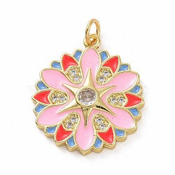 Brass Micro Pave Clear Cubic Zirconia Pendants, Real 18K Gold Plated, with Enamel and Jump Ring, Flower Charms, Pink, 24x21x3mm, Jump Ring: 5x0.8mm, Inner Diameter: 3.2mm(X-KK-E068-VF008)