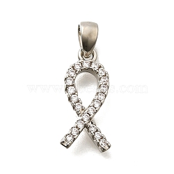 Brass Micro Pave Cubic Zirconia Pendants, Awareness Ribbon Charms, Cadmium Free & Lead Free, Long-Lasting Plated, Rack Plating, Platinum, 16x7.5x3mm, Hole: 4x2.5mm(KK-S508-46P)