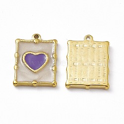 PVD Vacuum Plating 201 Stainless Steel Pendant, with Enamel, Real 18K Gold Plated, Rectangle with Heart Charm, Dark Orchid, 20.5x15x2.7mm, Hole: 1.4mm(STAS-J401-VC1032)