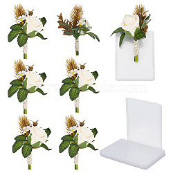 Silk Cloth Artificial Flower Boutonniere, with Plastic & Iron Brooch Finding, for Wedding, Party Decorations, with PVC ID Card Holder, Floral White, 119~122x100~107x57mm, 6pcs(AJEW-DR0001-55D)