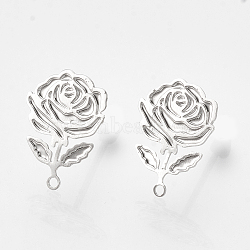 Brass Stud Earring Findings, with Loop, Flower, Nickel Free, Real Platinum Plated, 12x9mm, Hole: 1mm, pin: 0.6mm(X-KK-S345-279P)