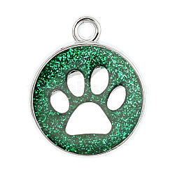 Enamel Charms, with Platinum Plated Alloy Findings and Glitter Powder, Flat Round with Dog Paw Prints, Green, 23x19x2.1mm, Hole: 2.1mm(ENAM-CJC0001-02I)