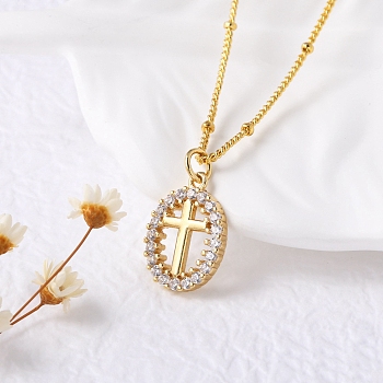 Brass Clear Cubic Zirconia Pendant Necklaces for Women, Real 18K Gold Plated, Cross, 17.56 inch(44.6cm),Extender: 51mm