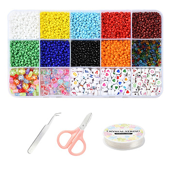 DIY Jewelry Making Kits, Including Transparent & Opaque Colours Glass Seed Beads, Acrylic Beads, Elastic Crystal Thread, Tweezers, Scissors, Mixed Color, Beads: 2.5~7x2~4mm, Hole: 1~2mm, 2800pcs/set