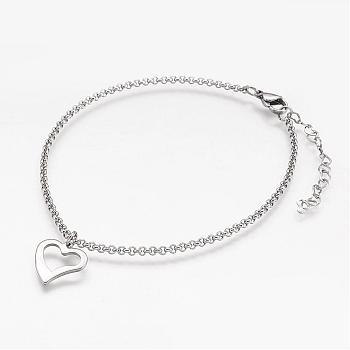 304 Stainless Steel Anklets, with Heart Charm and Rolo Chains, Stainless Steel Color, 232x2mm