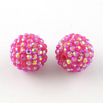 AB-Color Resin Rhinestone Beads, with Acrylic Round Beads Inside, for Bubblegum Jewelry, Magenta, 14x12mm, Hole: 2~2.5mm