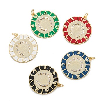 Brass Micro Pave Clear Cubic Zirconia Pendants, with Enamel, Real 18K Gold Plated, Long-Lasting Plated, Flat Round with Horseshoe, Mixed Color, 26.5x24x2.5mm, Hole: 3mm, Jump Ring: 5x0.8mm
