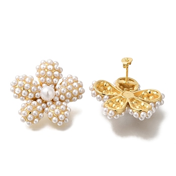 Rack Plating Flower Brass Stud Earrings, with ABS Plastic Pearl, Long-Lasting Plated, Lead Free & Cadmium Free, Real 18K Gold Plated, 28x30mm