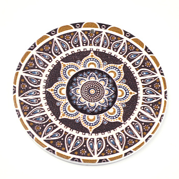 Printed Wooden Big Pendants, Dyed, Flat Round with Flower, Colorful, 60x2.5mm, Hole: 1.5mm