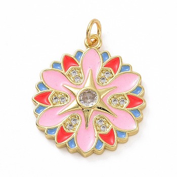 Brass Micro Pave Clear Cubic Zirconia Pendants, Real 18K Gold Plated, with Enamel and Jump Ring, Flower Charms, Pink, 24x21x3mm, Jump Ring: 5x0.8mm, Inner Diameter: 3.2mm