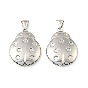 316 Stainless Steel Locket Pendants, Ladybug Charm, with 304 Stainless Steel Snap on Bails, Stainless Steel Color, 37.5x28.5x7.5mm, Hole: 7.5x3.5mm, Inner Diameter: 25x21mm
