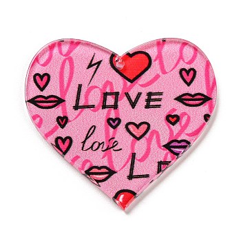 Valentine's Day Acrylic Pendants, Heart, Pearl Pink, 37x39.5x2.5mm, Hole: 1.6mm