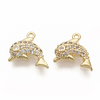 Brass Micro Pave Clear Cubic Zirconia Charms, Nickel Free, Real 18K Gold Plated, Dolphin, 9x10x2.5mm, Hole: 0.9mm