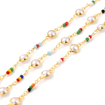 Handmade Brass Beaded Chain, with Glass Half Round Links & Seed Beads, Long-Lasting Plated, Soldered, with Spool, Golden, Colorful, Link: 12.5x6.5mm, 12x2.5mm