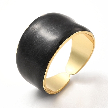 Enamel Plain Band Open Cuff Rings, Real 18K Gold Plated Brass Jewelry for Women, Black, US Size 7 1/4(17.5mm)